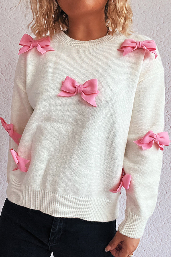 Sweet Bow-knot Casual Round Neck Long-sleeved Knit Sweater