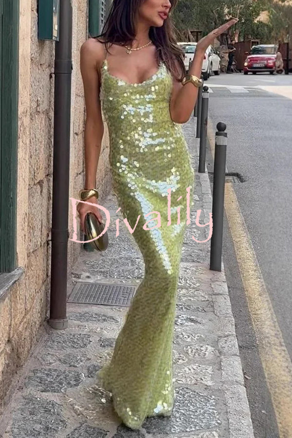 Fashionable Sequined Sexy Open Back Slim Maxi Dress