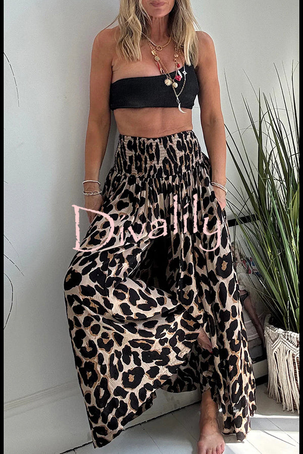 Stella Leopard Print High Rise Smocked Waist Pocketed Wide Leg Pants