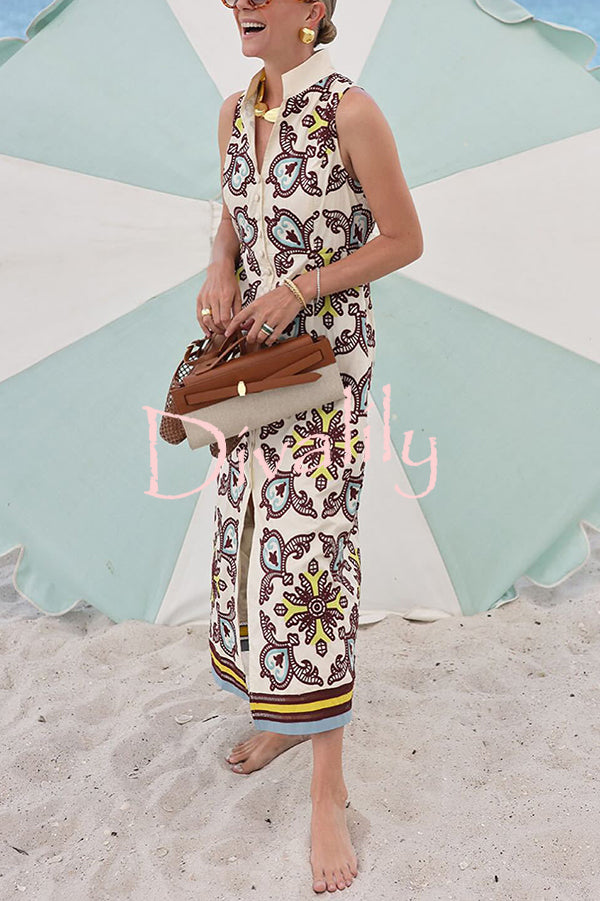 Unique Print Sleeveless Button Resort Midi Dress