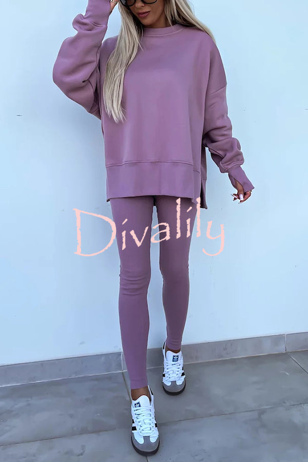 Solid Color Loose Long Sleeve SlitSweatshirt and Elastic Waist Tight Pants Set