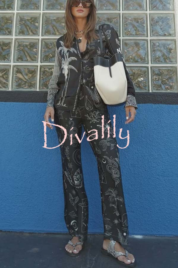Black Magic Satin Unique Print Long Sleeve Blouse and Elastic Waist Pocket Wide Leg Pants Set