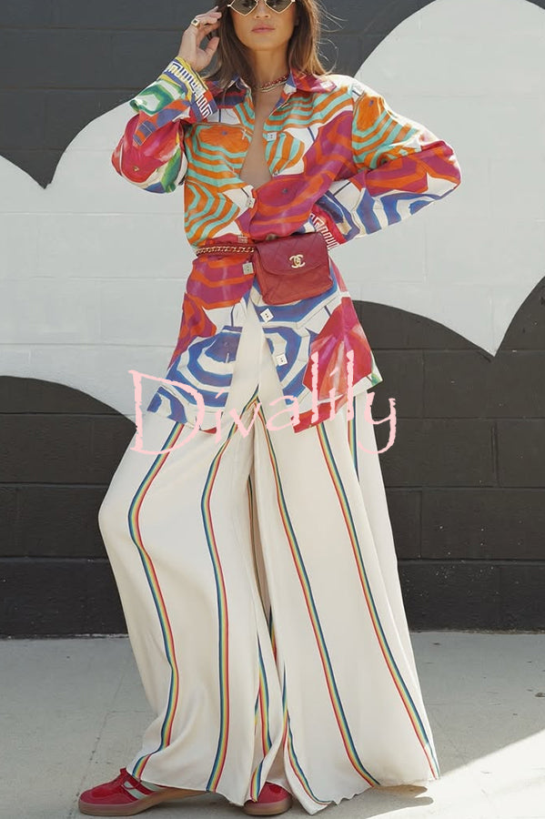 Ellah Satin Rainbow Stripe Print Drawstring Elastic Waist Pocket Wide Leg Pants