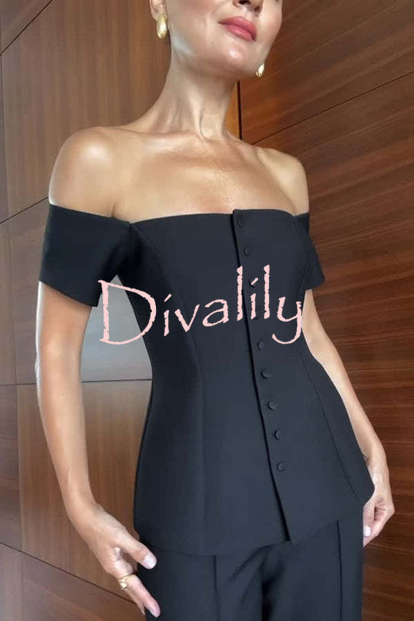 Solid Color Off-the-shoulder Single-breasted Top and Casual Pocket Straight-leg Pants Set