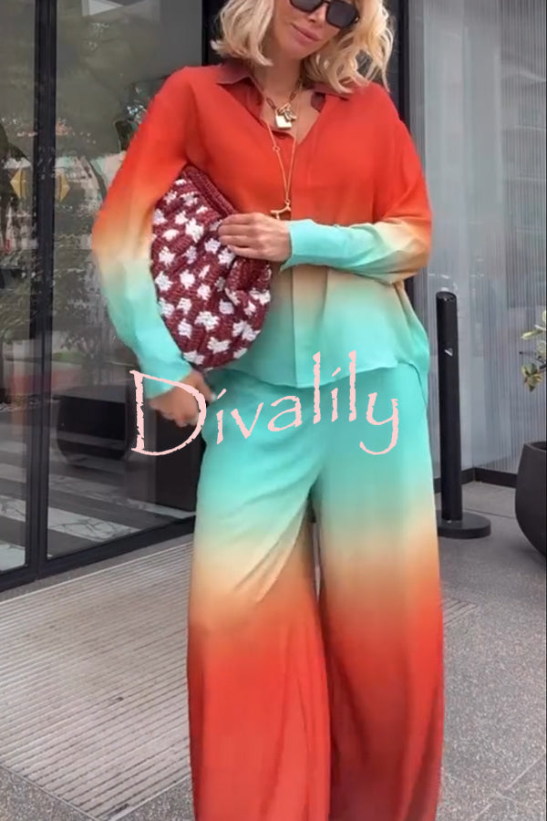 Neon Sunset Gradient Print Long Sleeve High Low Hem Blouse and Elastic Waist Loose Pants Set