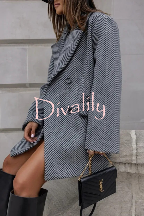 Fashion Stripe Print Lapel Pocket Coat