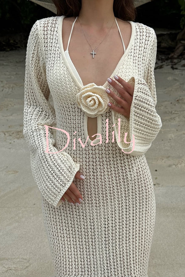 Bahamas Knit Long Bell Sleeve Sexy Backless Holiday Cover-up Maxi Dress