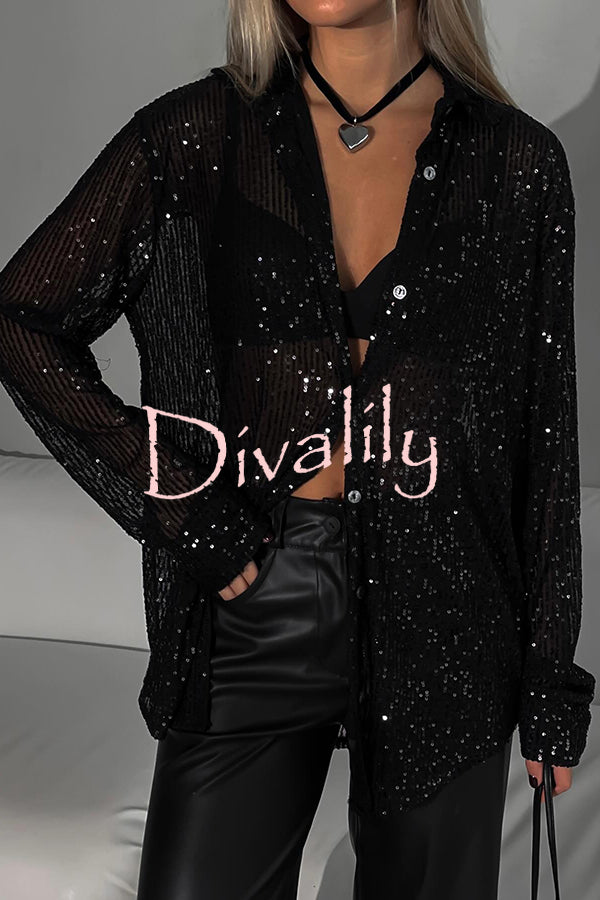 Fashion Sequin Lapel Long Sleeve Loose Shirt