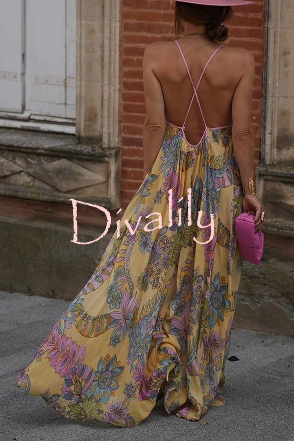 Plant Print Halter Back Loose Holiday Maxi Dress