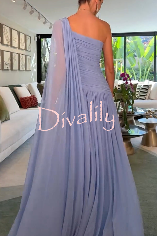 End of Light Chiffon One Shoulder Single-sleeve Shawl Ruched Maxi Dress