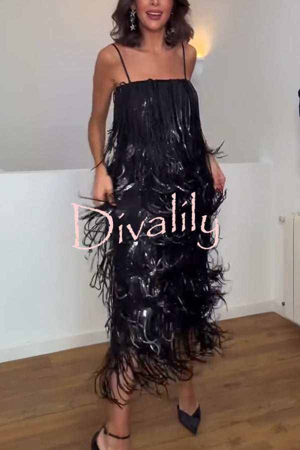 Chic Celebration Layered Sequined Tassels Slip Strapless H-line Midi Dress