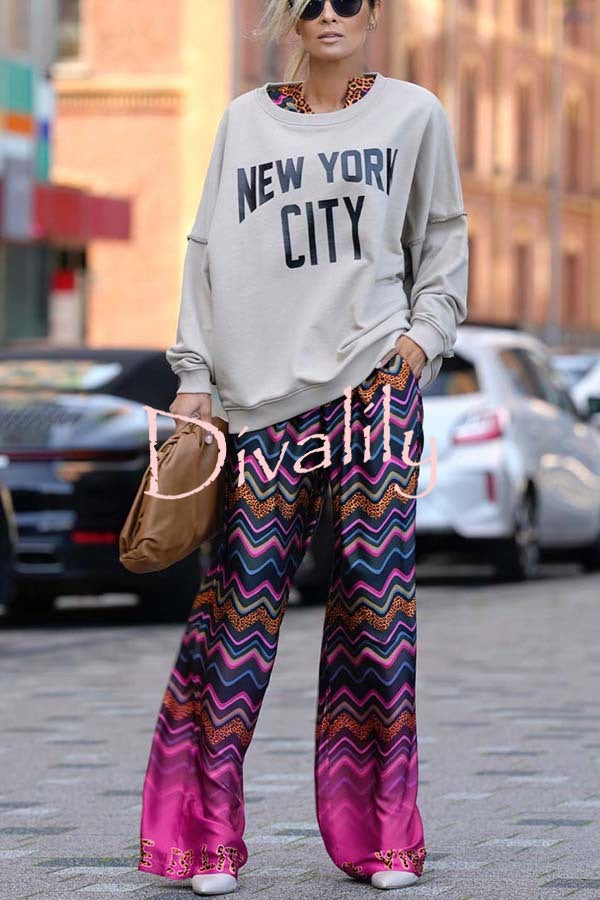 Coreen Leopard Colorful Wave Print Long Sleeve Shirt and Elastic Waist Pocket Pants Set