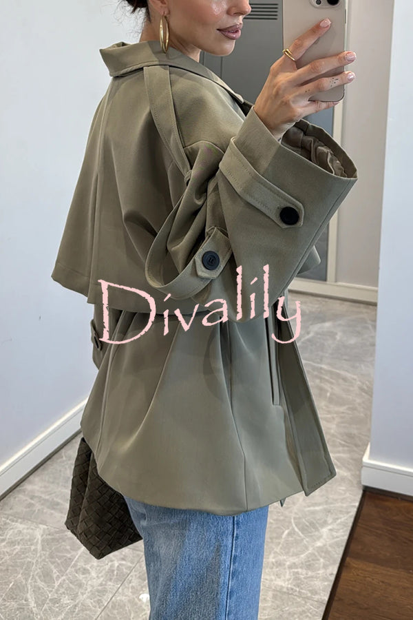 Modern Urban Dropped Shoulder Strap Button Detail Belted Lapel Loose Trench Coat