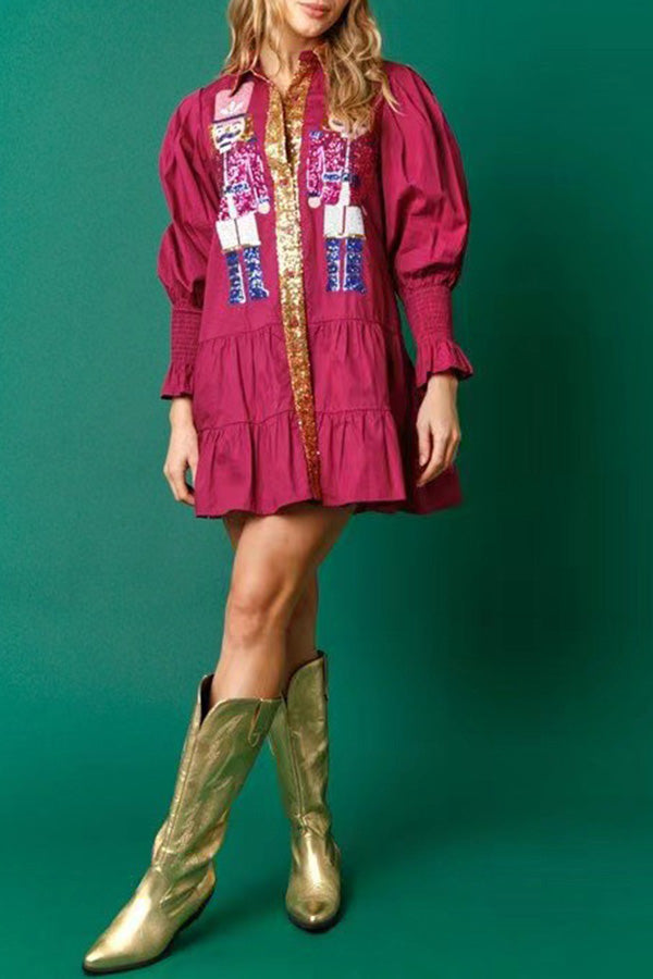 Nutcracker Sequined Button Down Long Sleeve Mini Dress