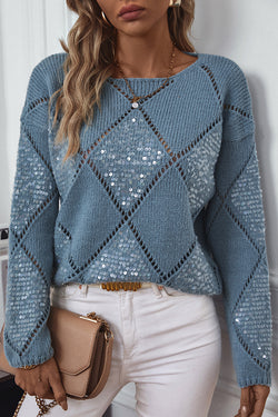 Fashionable Hollow Sequined Loose Rhombus Knitted Sweater