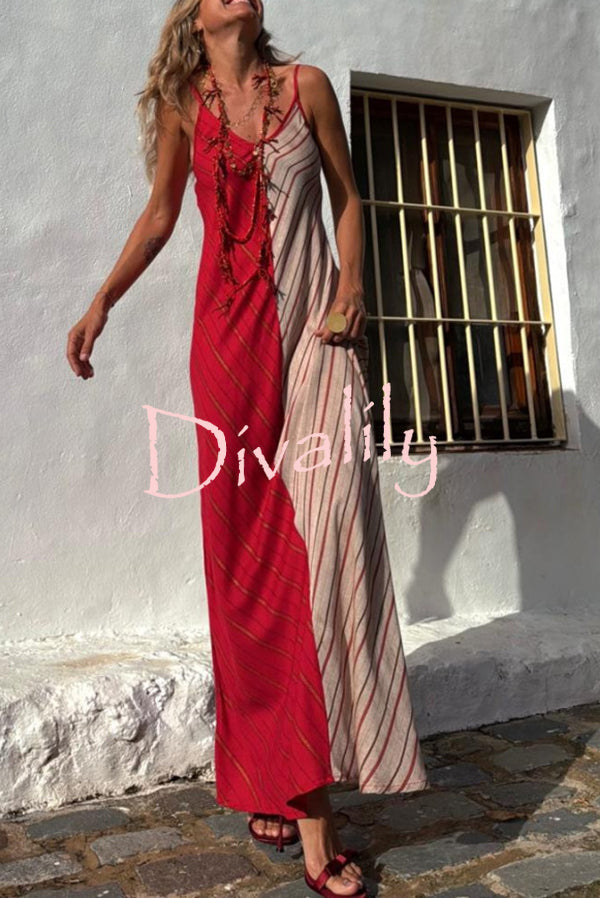 Fashionable Splicing V-neck Suspenders Loose Maxi Dress
