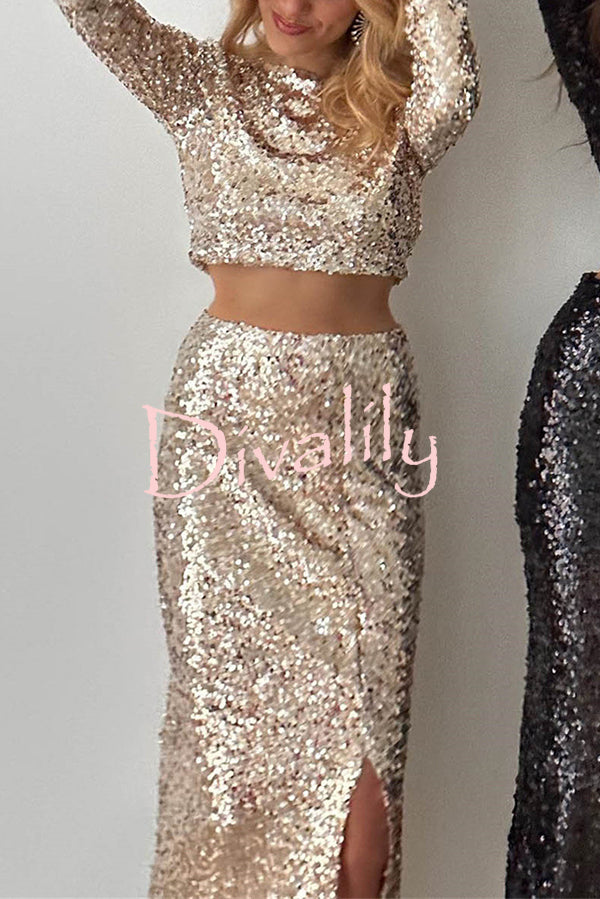 Solid Sequined Long-sleeved Crop Top and Sexy Slit Midi Skirt Set