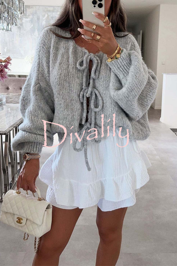 Solid Color Long-sleeved V-neck Lace-up Loose Knitted Sweater