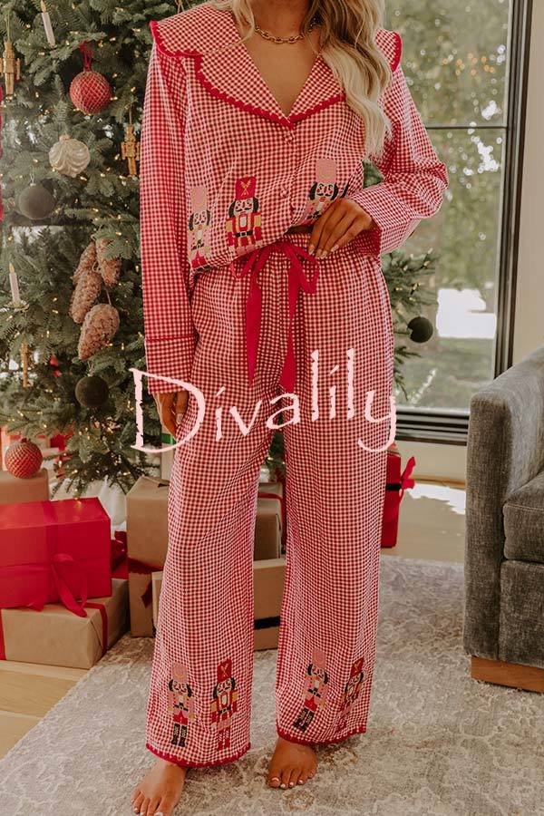 Nutcracker Charm Embroidered Gingham Loose Shirt and Elastic Waist Pajama Set