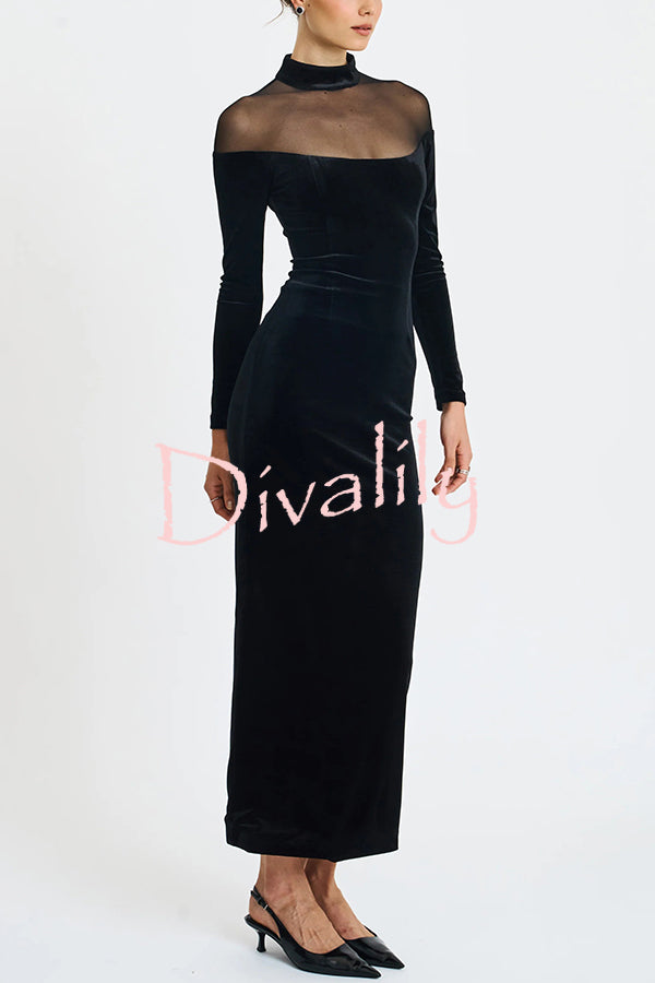 Fashionable Velvet and Mesh Spliced long-sleeved Slim-fit Maxi Dress