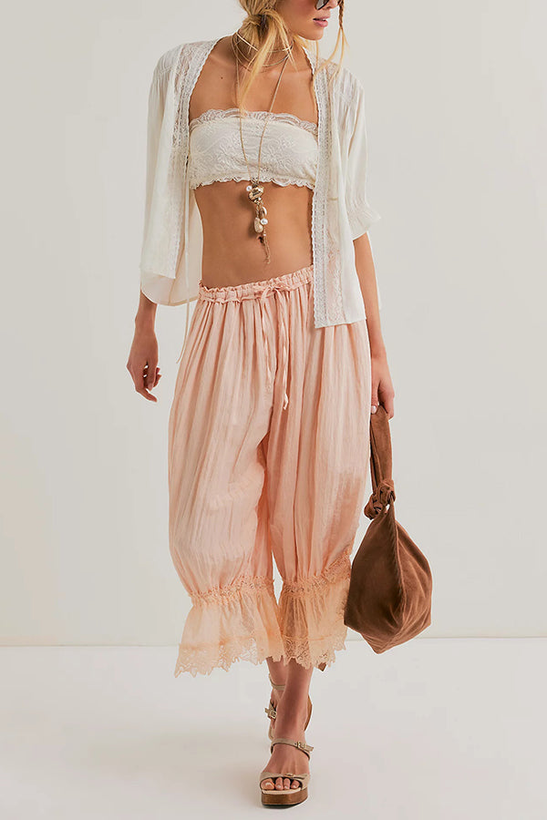 Pastoral Style Elastic Waist Lace Hem Bloomer Pants