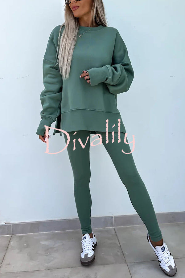 Solid Color Loose Long Sleeve SlitSweatshirt and Elastic Waist Tight Pants Set