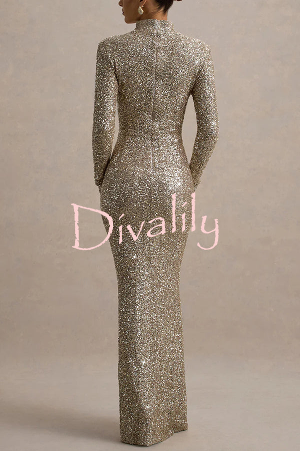 Galaxy Premium Sequin Turtle Neck Long Sleeve Maxi Dress