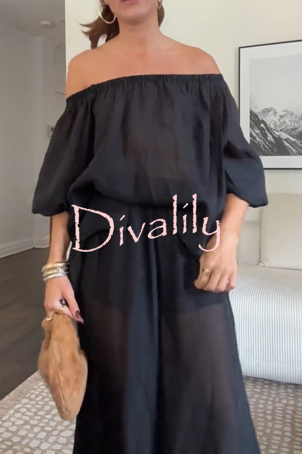 Comfortable Area Chiffon Off Shoulder Balloon Sleeve Top and Elastic Waist Knotted Bloomer Set