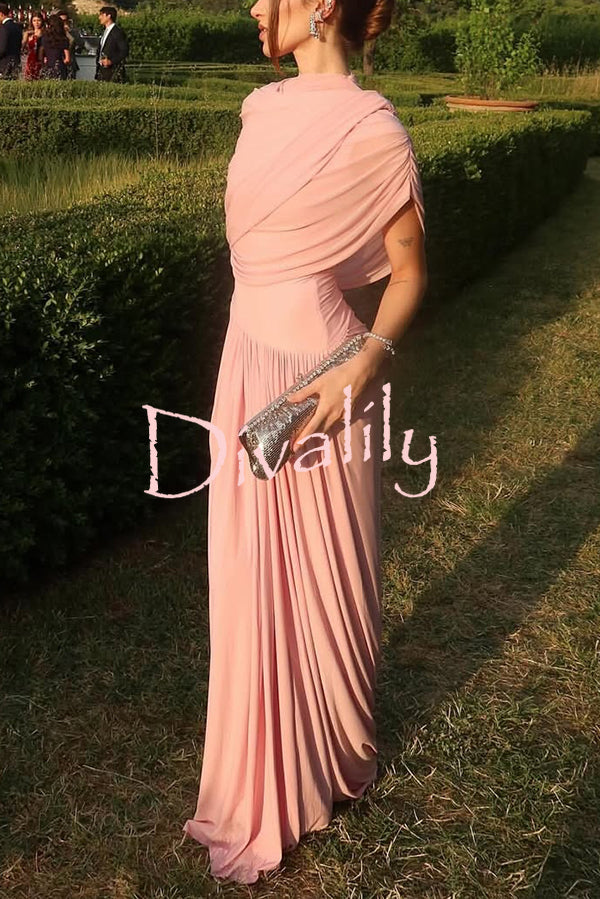 Elegant Mesh Cape-style Pleated Draped Maxi Dress