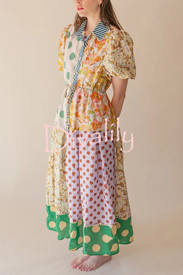 Linen Blend Unique Print Lapel Puff Sleeve Casual Midi Dress