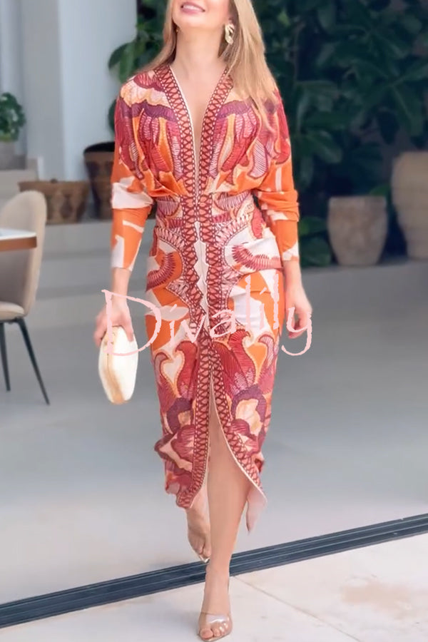 Brazilian Style Unique Print Dolman Long Sleeve Ruched Slit Midi Dress