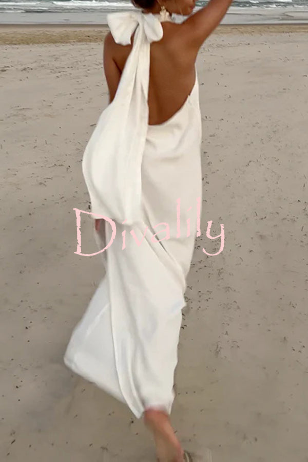 Floral Embellished Satin Halterneck Backless Resort Maxi Dress