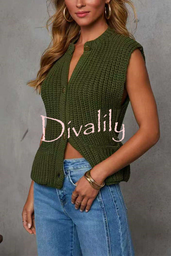 Solid Color Sleeveless Button Pocket Knit Vest