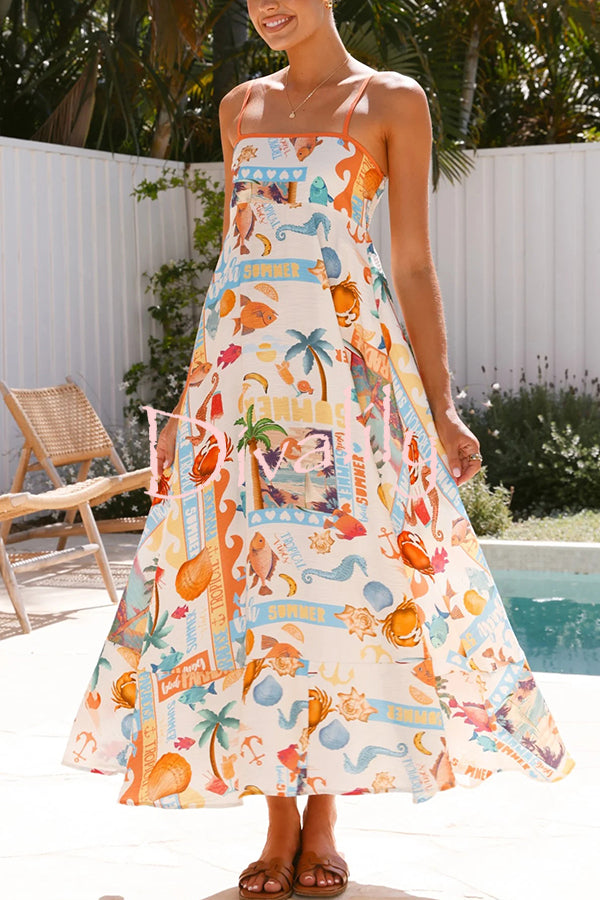 Marine Life Print Sleeveless Sling Holiday Maxi Dress
