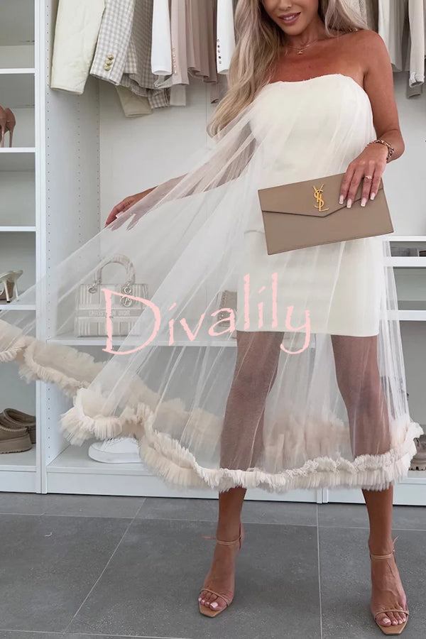 Fairytale Charm Tulle Off Shoulder Ruffles Trim A-line Midi Dress