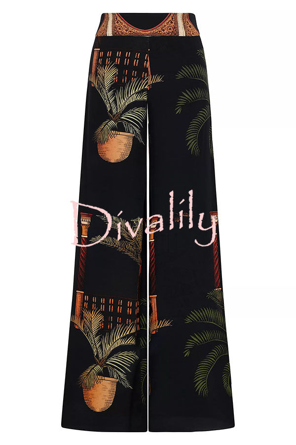 Jungle Elf Unique Print Halter Slit Midi Tank and Elastic Waist Wide Pants Set
