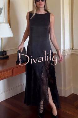 Pretty Soul Satin Lace Trim Wide Neck Irregular Hem Slit Maxi Dress