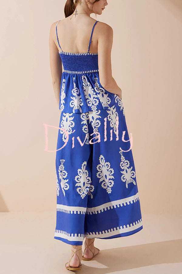 Unique Ethnic Print Suspender Pleated Top and Elastic Waist Loose Wide-leg Pants Set