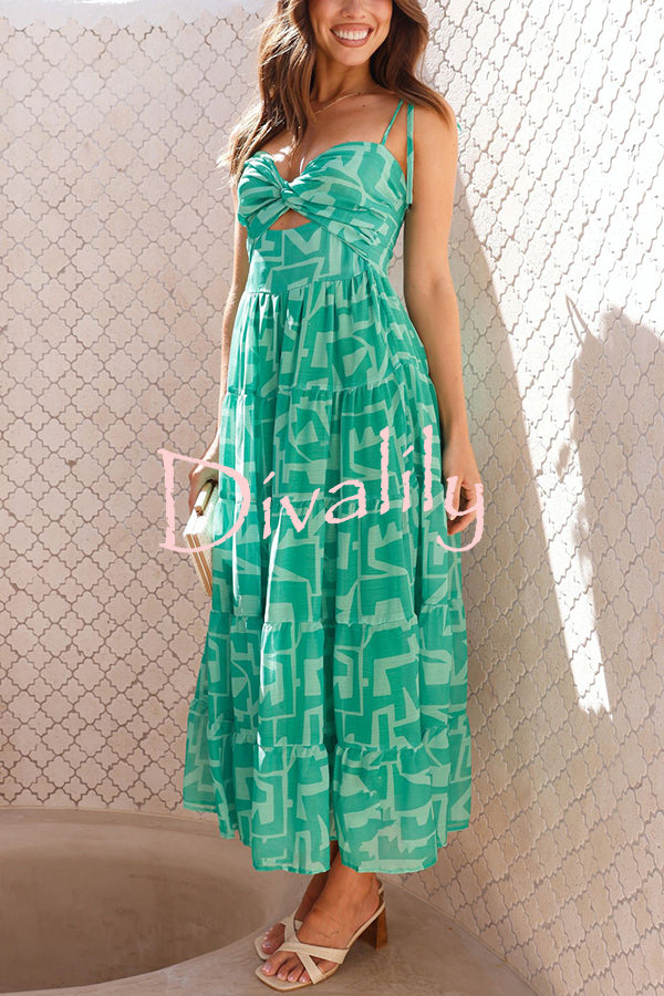 Unique Printed Suspender Tie Back Pleated Midi Dress