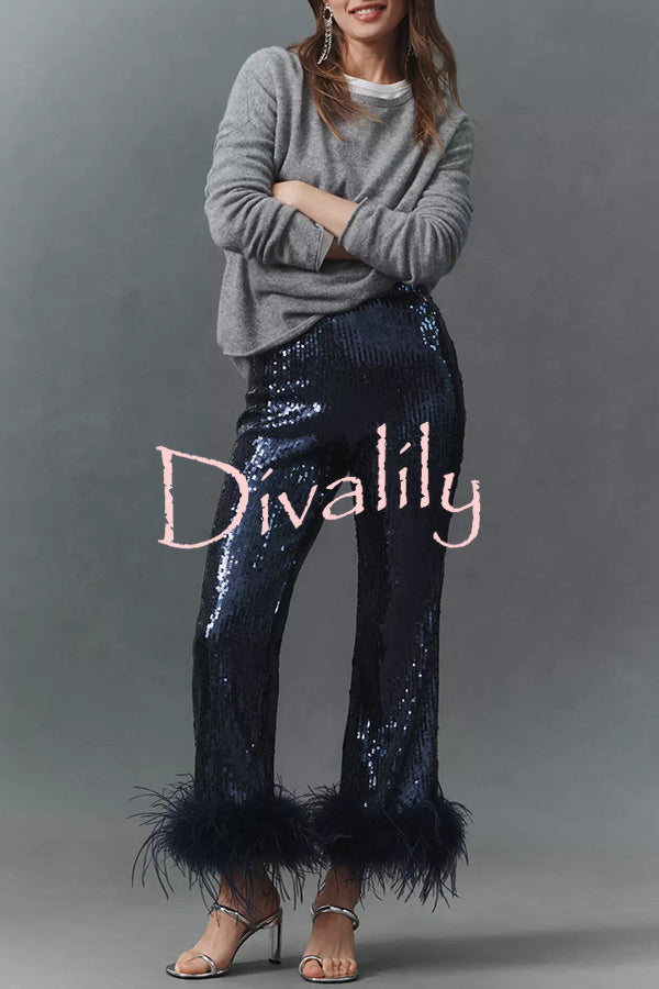 New Year Eve Sequin Feather Trim High Rise Back Zipper Flare Pants
