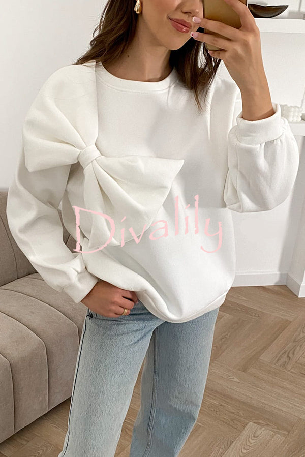 Solid Color Round Neck Long Sleeve Bow Loose Sweatshirts