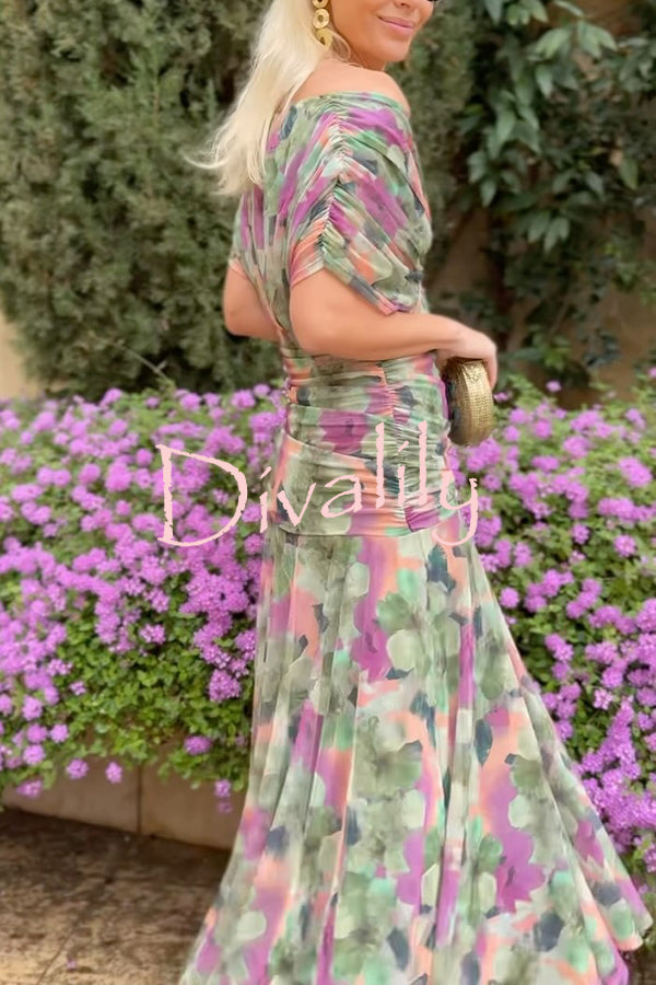 Unique Printed V-Neck Waisted Mesh Holiday Maxi Dress
