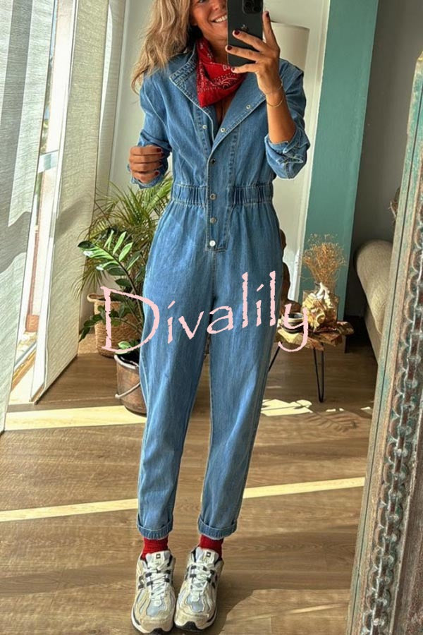 Carey Denim Button Up Long Sleeve Elastic Waist Pocketed Loose Jumpsuit