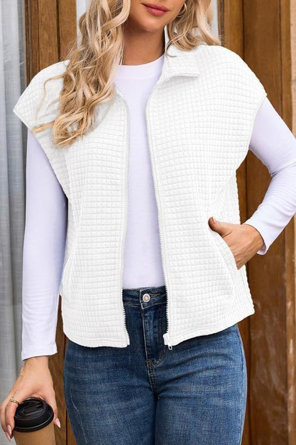 Solid Waffle Sleeveless Zipper Pocket Casual Vest
