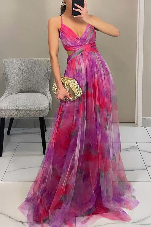 Giselle Tulle Render Floral Print Cutout Waist Back Lace-up Maxi Dress
