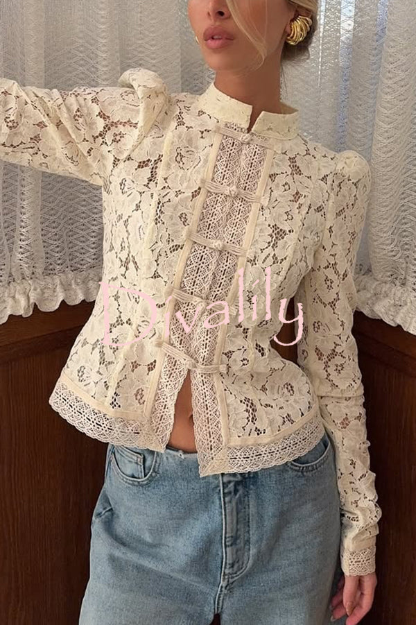 Fashion Hollow Lace Stand Collar Long Sleeve Slim Shirt