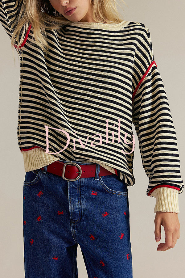 Fashion Striped Colorblock Loose Round Neck Long-sleeved Knitted Sweater
