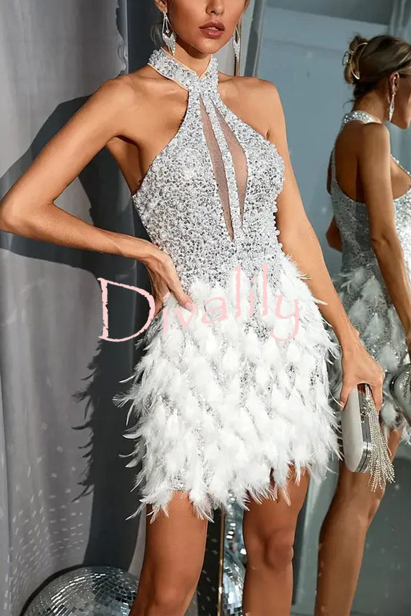 Stylish Sequined Sleeveless Feather-embellished Slim-fit Mini Dress
