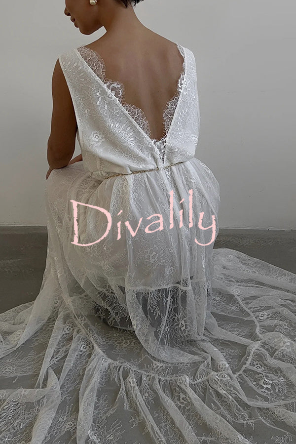 Fashionable Sheer Lace V-neck Backless Elegant Maxi Dress