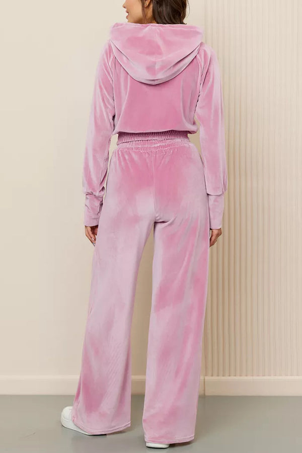 Solid Color Velvet Hooded Zip-up Sweatshirt and Elastic Waist Casual Pocket Straight-leg Pants Set